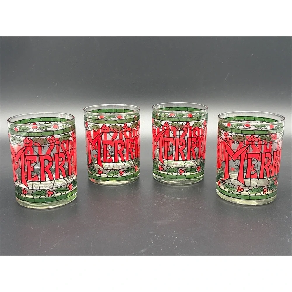 Set of 4 Vintage Cera Houze Merry Christmas Stained Glass Lowball Glasses MCM